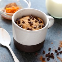 Healthy chocolate chip oatmeal pumpkin mug cake.