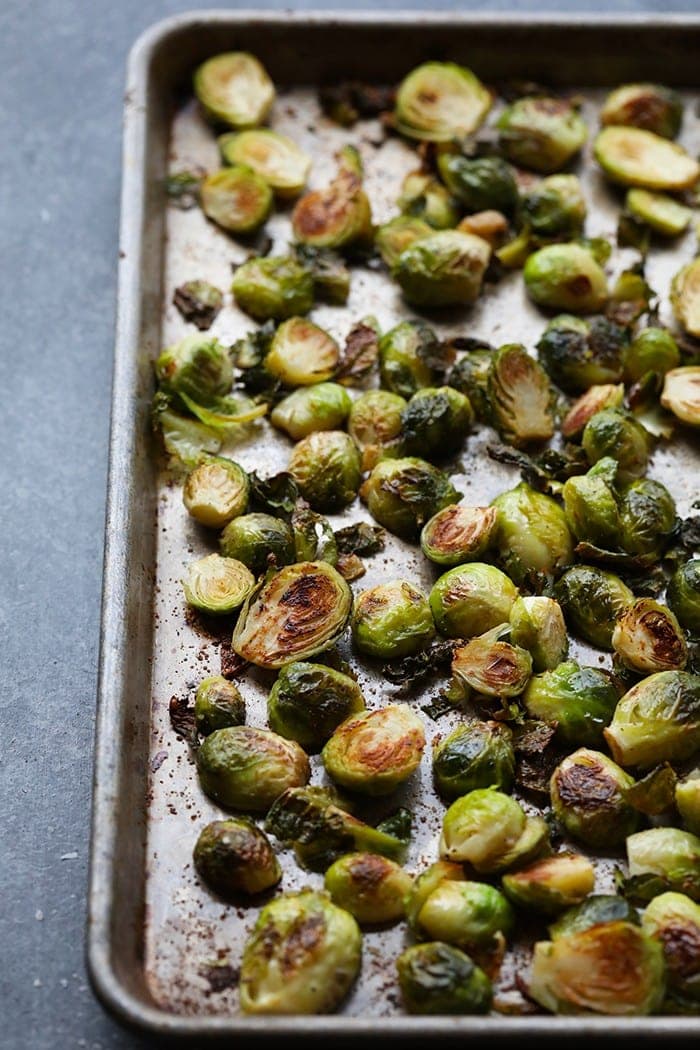 roasted brussels sprouts on a baking sheet