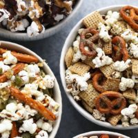 Easy snack mix with popcorn and pretzels.
