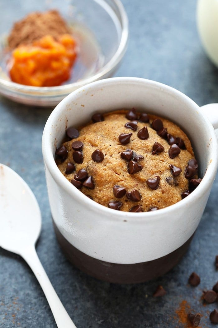 This Single-Serve Healthy Pumpkin Mug Cake with Chocolate Pumpkin Frosting is the perfect fall dessert when you just need a little something after dinner!