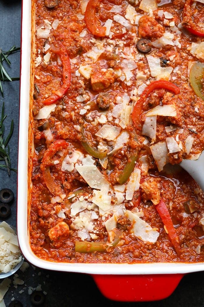 Try this Meal-Prep Chicken Cacciatore Quinoa Bake for dinner this week! It has all of the delicious flavors and ingredients of traditional chicken cacciatore, but with a healthy and quick twist!