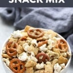 Easy popcorn snack mix in a bowl.
