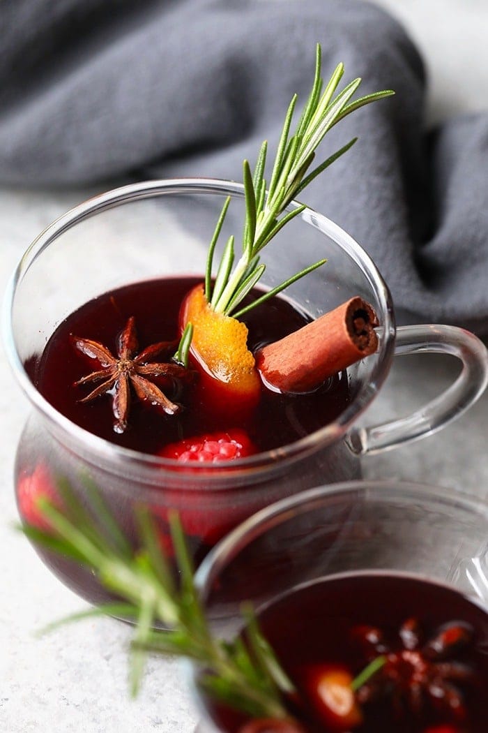 spiced mulled wine in a glass mug
