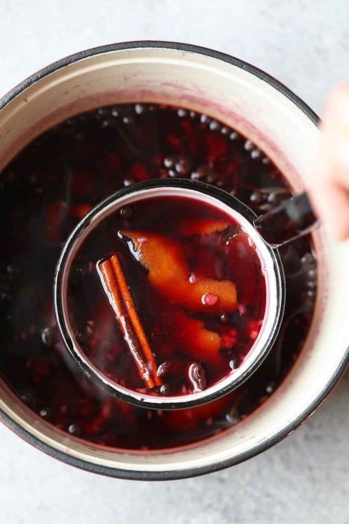 mulled wine in a stock pot simmering to perfection