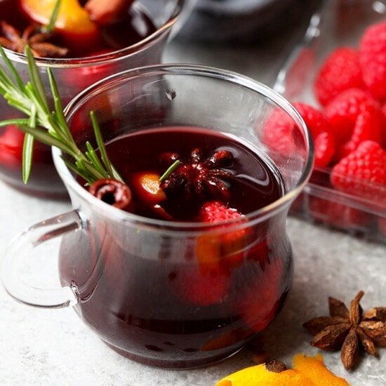 spiced raspberry mulled wine in a glass ug