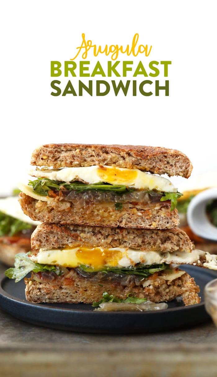 Start the morning off right with this Arugula Breakfast Sandwich with Caramelized Onions! This breakfast sandwich is a simple breakfast made with a whole grain English muffin, peppery arugula, and delicious caramelized onions that leave you with a full belly until lunch! 