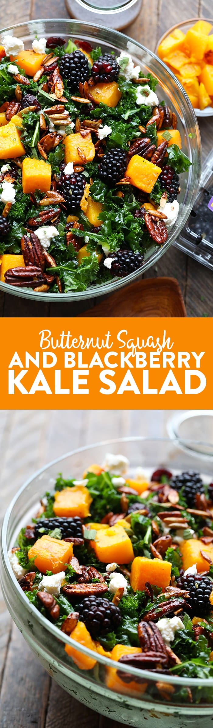 This Harvest Blackberry and Butternut Squash Massaged Kale Salad is an excellent healthy lunch or dinner and even doubles as a holiday salad to share. It's made with roasted butternut squash, candied nuts, Driscoll's blackberries, and massaged kale with a homemade dressing!