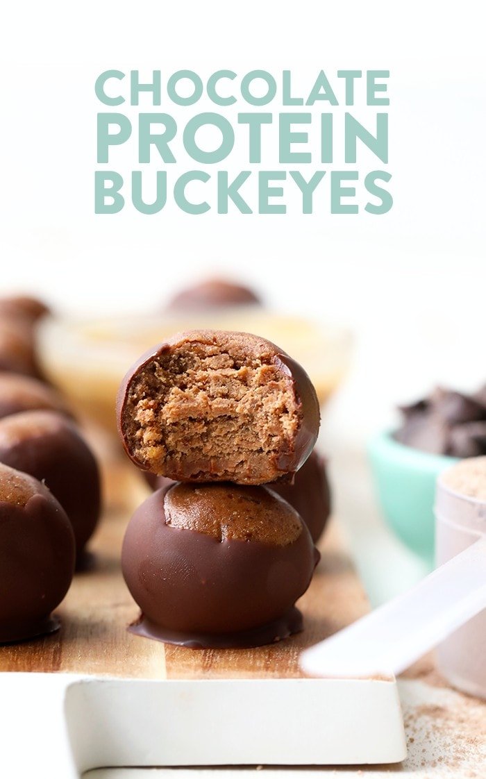 Post workout snack or dessert? How about both! These Chocolate Protein Buckeyes are grain-free, made with Organic Valley Chocolate Whey Protein Powder, nut butter, and a dark chocolate coating. They're low carb, high protein, and only 123 calories.