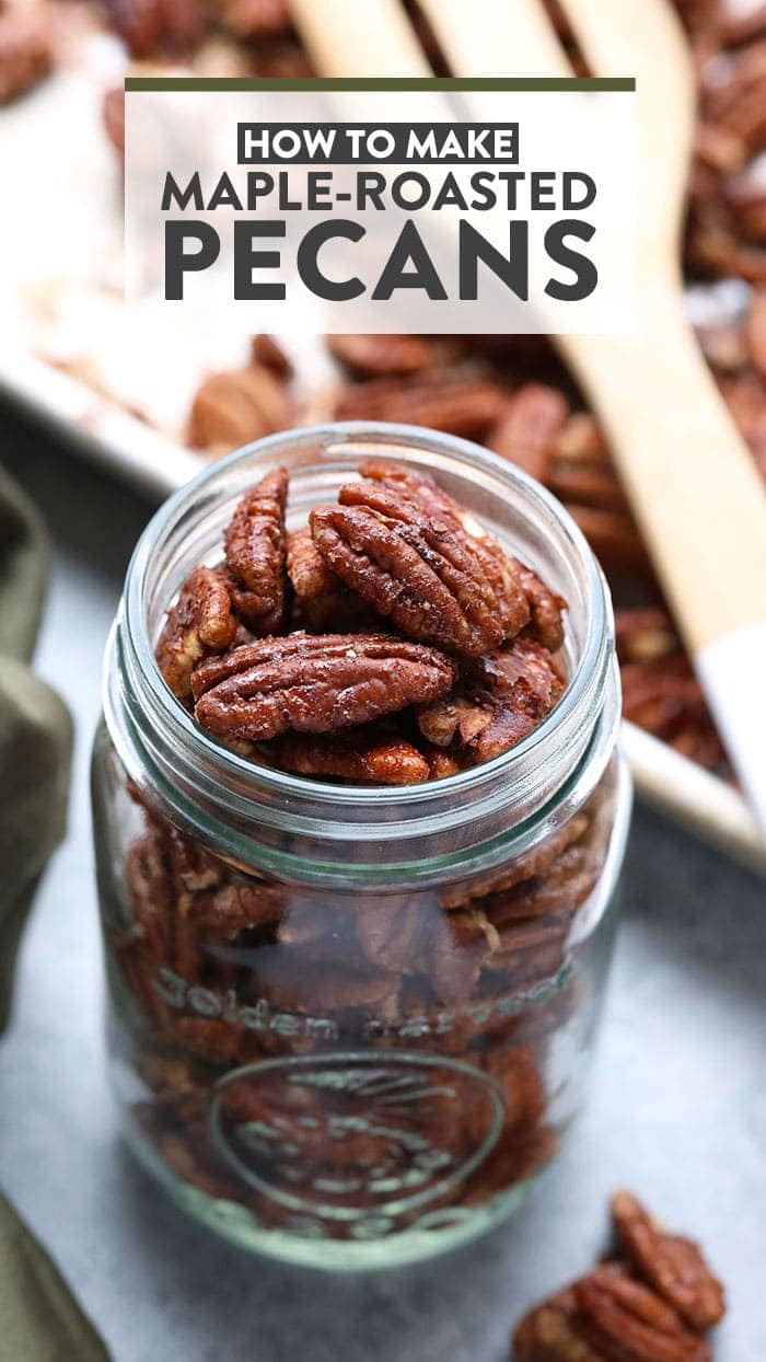 There's nothing better than sweet roasted pecans on a fall salad. Make these Oil-Free Maple Roasted Pecans in 10 minutes! maple roasted pecans in jar