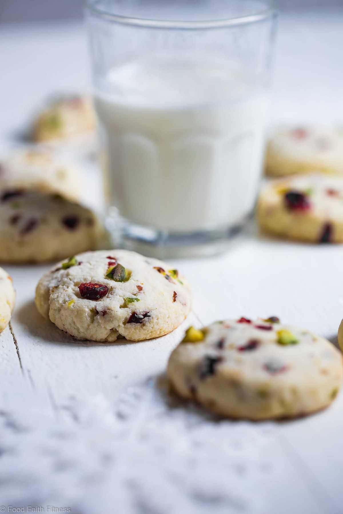This quick and easy, gluten-free sugar-free Chewy Sugar Cookies Recipe has cranberries and pistachios! They’re a healthier Christmas treat for only 95 calories!