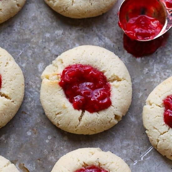 Raspberry Thumbprint Cookies with jam topping.