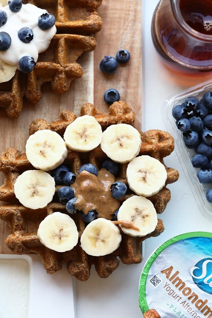 There's no dairy, eggs, or refined sugar in these Vegan Almond Butter Banana Bread Waffles. Make them during any time of year for a delicious, healthy, and freezer-friendly breakfast!