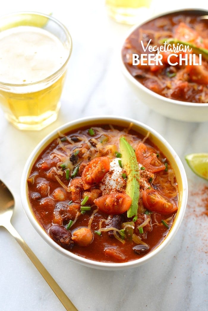  Beer + chili = a match made in heaven! Spice up classic chili and add a bottle of your favorite brew to make this delish Vegetarian Beer Chili! 