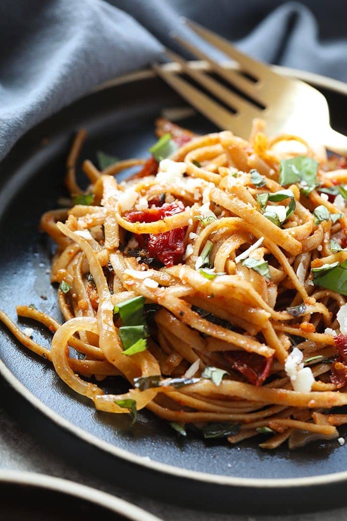 Treat yourself to this Vegetarian Whole Wheat Sun Dried Tomato Basil Pasta. It’s light, fresh, and only require a few simple ingredients!