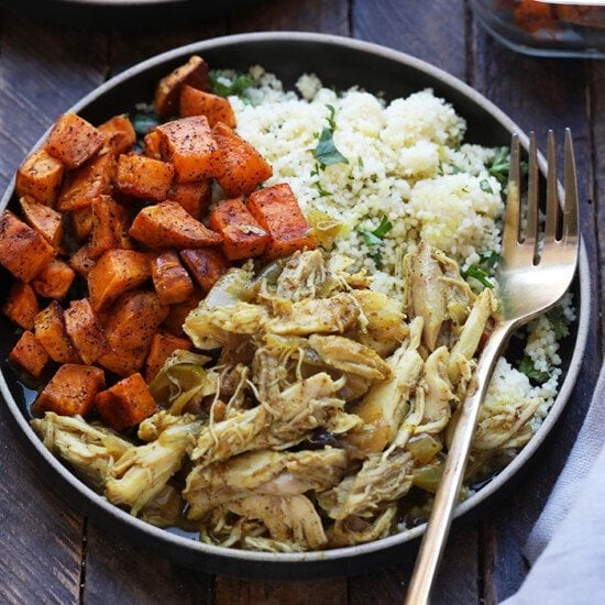 Instant Pot chicken with sweet potatoes and couscous.