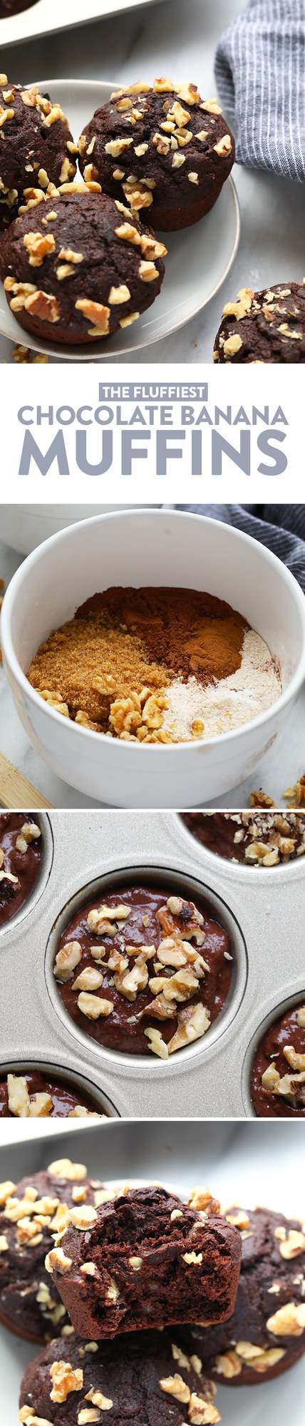 Get your banana chocolate fix with these Healthy Chocolate Banana Walnut Muffins. They're made with 100% whole grains, all natural sweeteners, and crunchy walnuts!