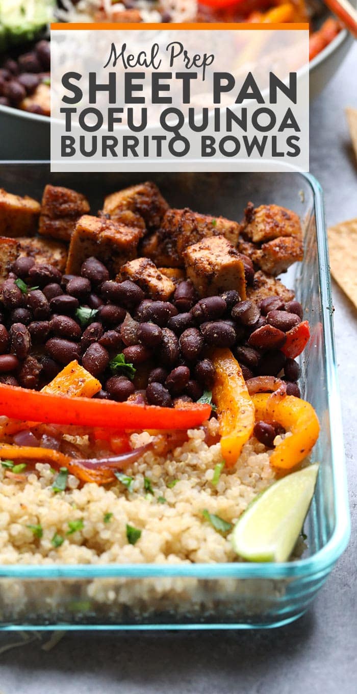 Throw all of your ingredients for this Meal Prep Sheet Pan Tofu Quinoa Burrito Bowls on a baking sheet and you've got a delicious, vegetarian meal ready for the entire week! 