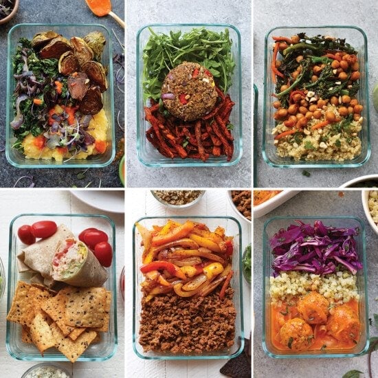A collection of visually appealing photos showcasing a diverse range of food prepared and stored in glass containers, presenting the best meal prep recipes.