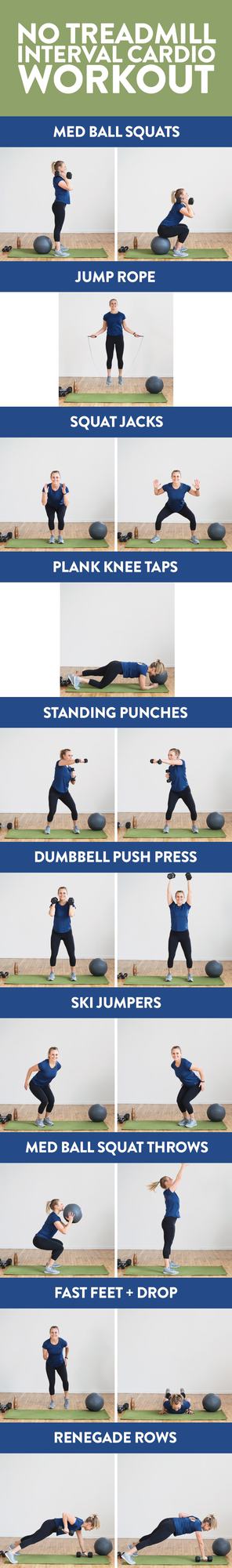 Get in all of your steps with his challenging, no-treadmill interval cardio workout. You can do this cardio workout at home or at the gym with just a set of dumbbells and a medicine ball!