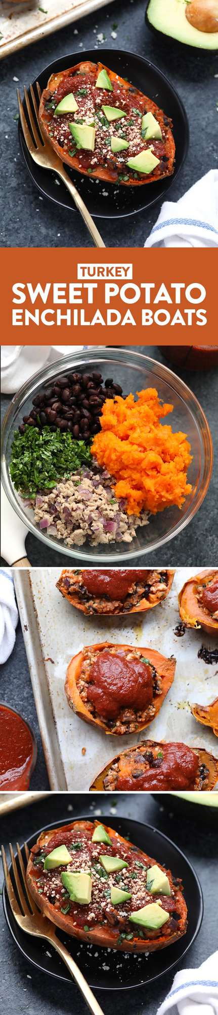 These Twice-Baked Turkey Sweet Potato Enchilada Boats are healthy, packed with nutrients, and a delicious spin on your favorite enchilada flavors! These delicious potatoes are perfect for meal-prep or a fun weeknight dinner!