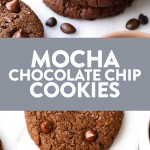 Flourless mocha chocolate chip cookies on a white background.