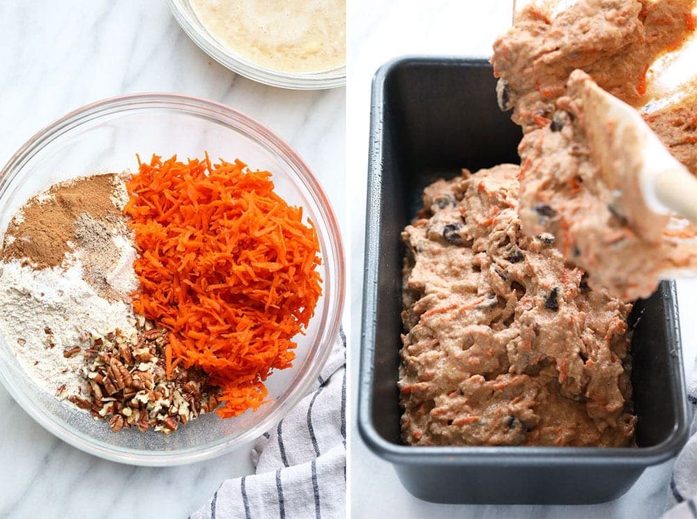 ingredients in bowl and loaf pan