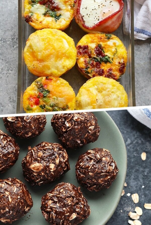 Two meal prep snack recipes featuring breakfast muffins and a bowl of oats.