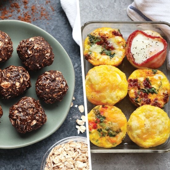 Meal prep snack recipes featuring two pictures of breakfast muffins and a bowl of oats.