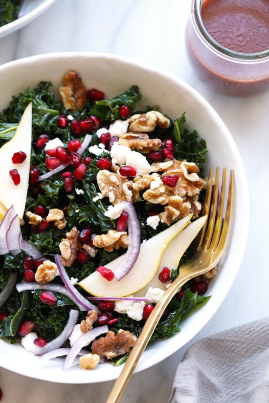 Kale and Pomegranate Salad with Pears - Fit Foodie Finds