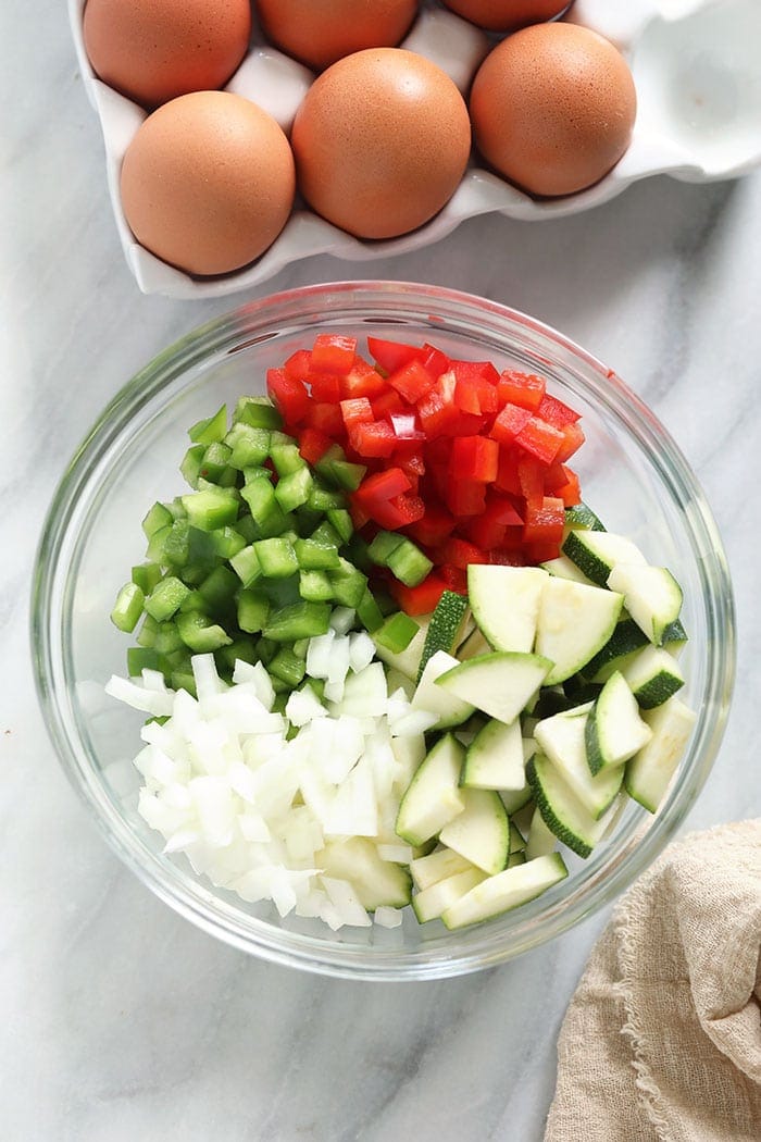 Diced vegetables in a bowl.