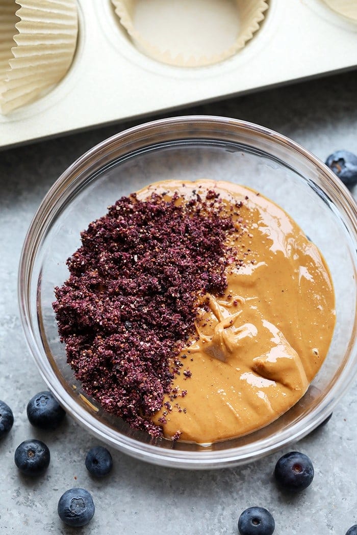 Blueberries and Cream Cashew Butter Cup batter in bowl. 