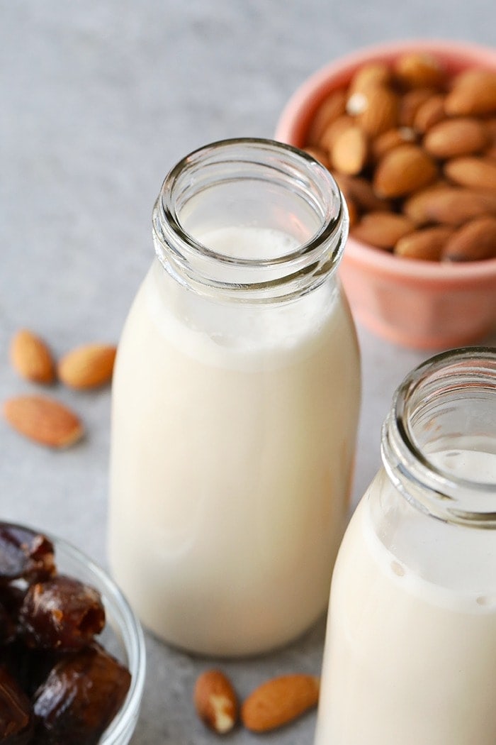 homemade almond milk in a jug ready to be served