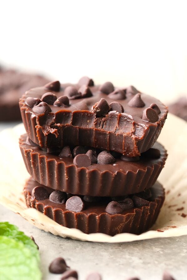 These Thin Mint Almond Butter Cups are refreshing, delicious, and tastes like a Thin Mint Girl Scout Cookie! They are the perfect treat to store in the freezer for those moments when you need a healthy, chocolatey treat.
