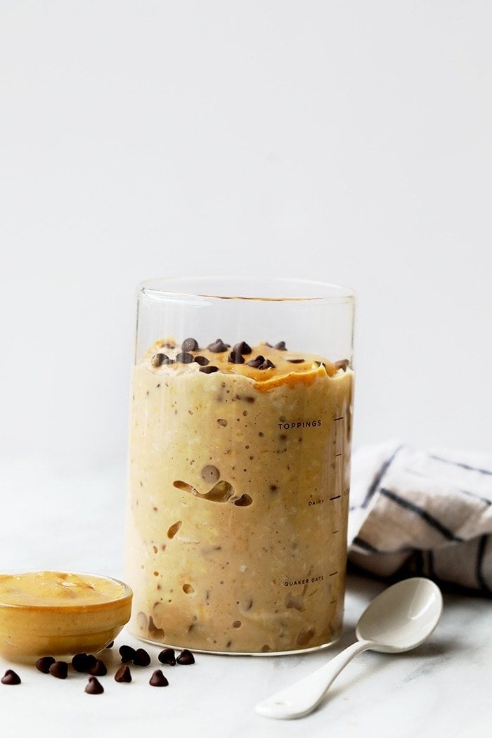 peanut butter chocolate chip cookie dough overnight oats in a jar