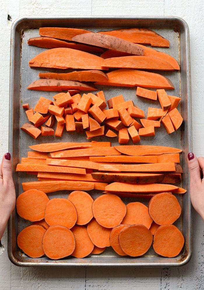 wedges, cubes, fries, and rounds of sweet potatoes 