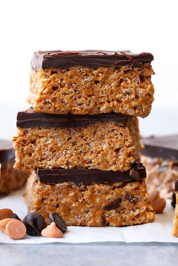 a stack of chocolate peanut butter protein bars.