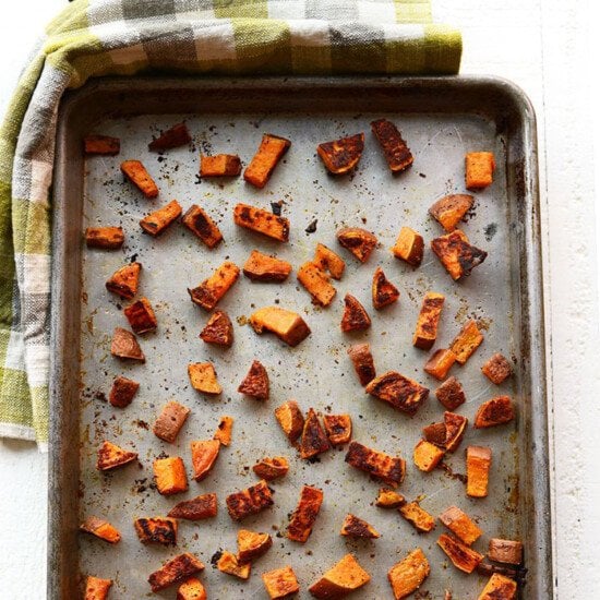 cubed sweet potatoes on pan