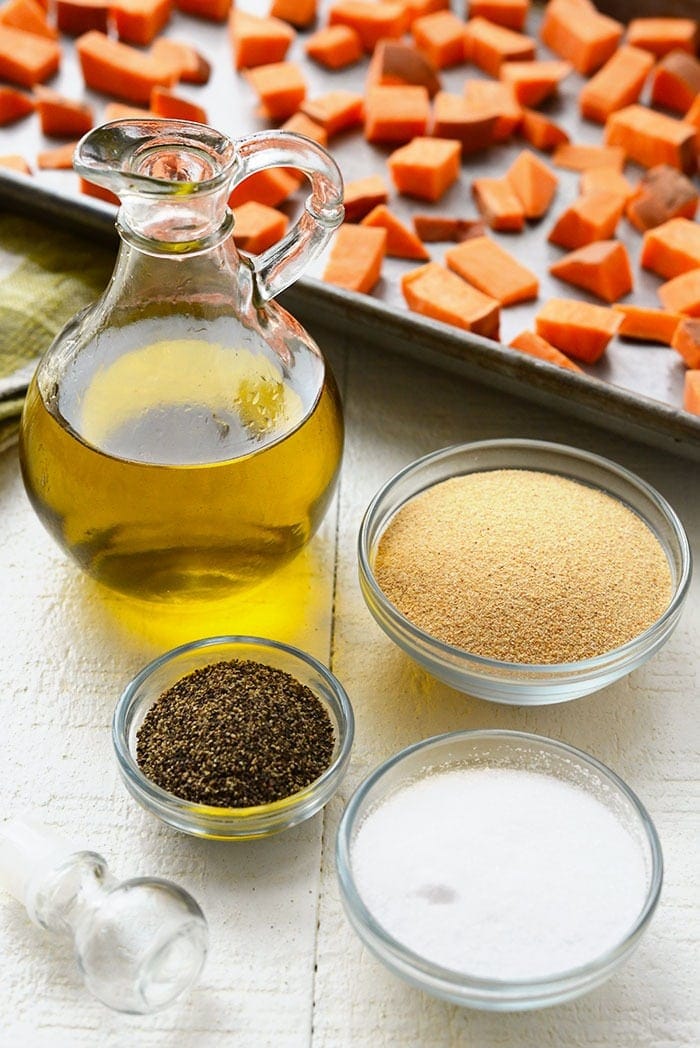 spices, olive oil, and sweet potatoes