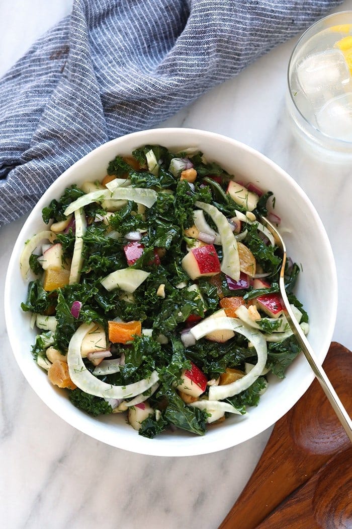 Finished massage kale salad in a mixing bowl. 