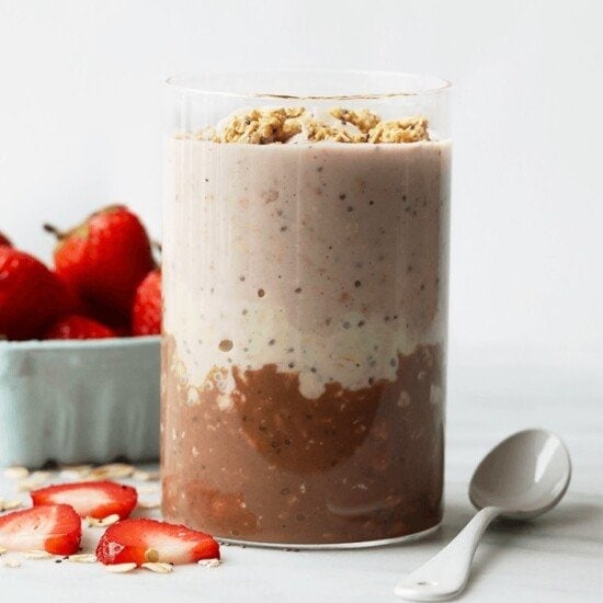 Overnight oats with chocolate, strawberries, and granola.