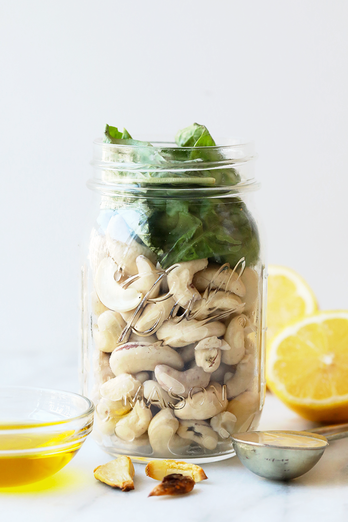 Vegan pesto pasta in a jar.