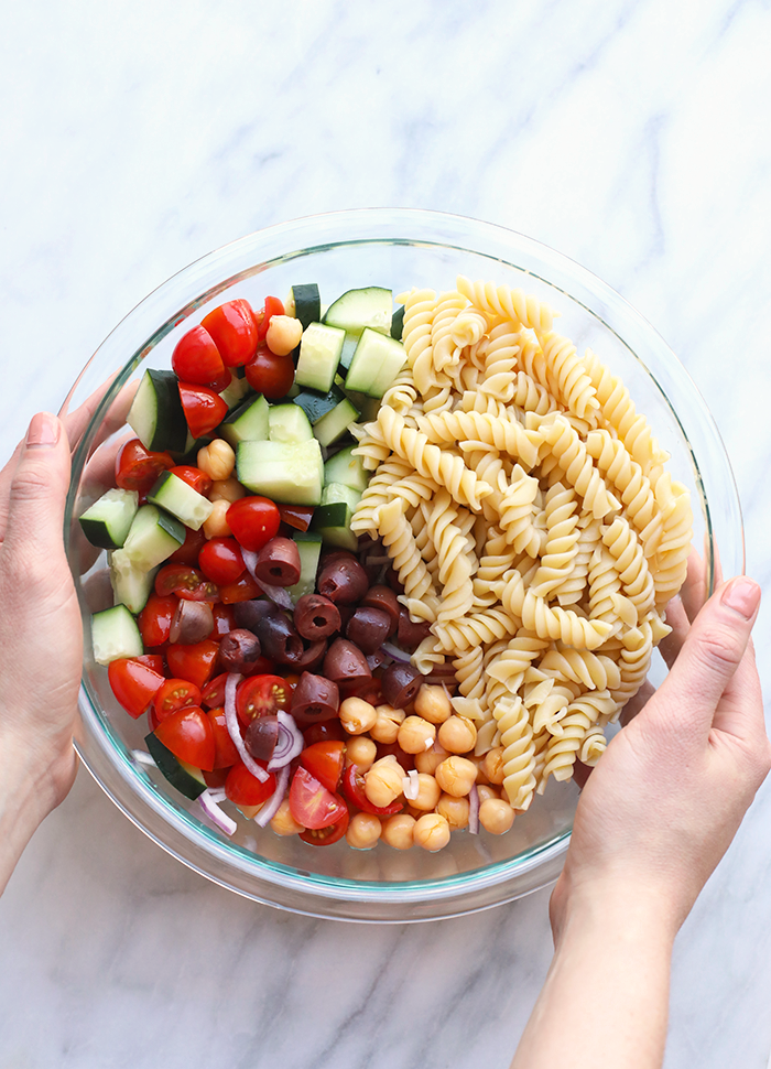 Pasta salad in bowl.