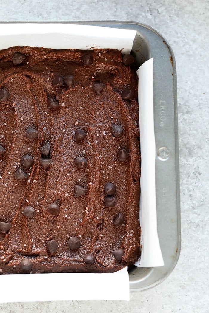 Brownie batter in a pan
