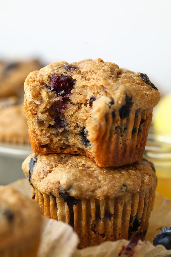 a blueberry muffin with a bite taken out