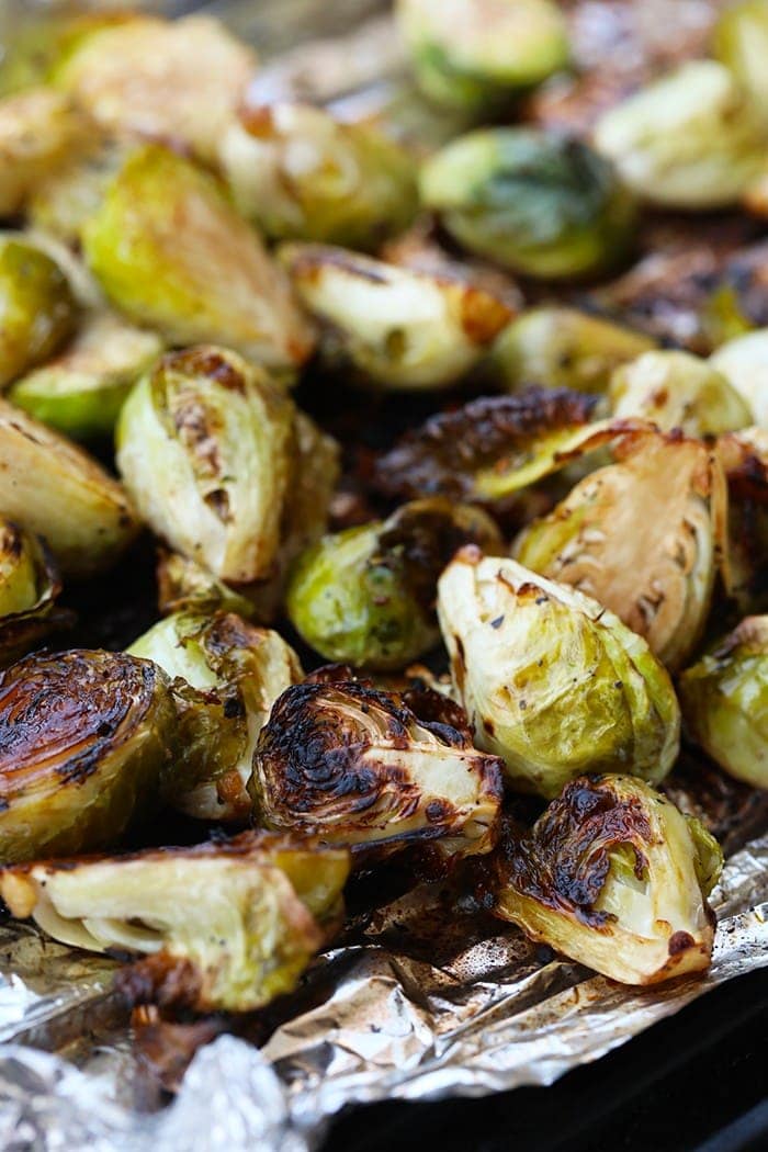 Grilled Brussel Sprouts on tin foil.