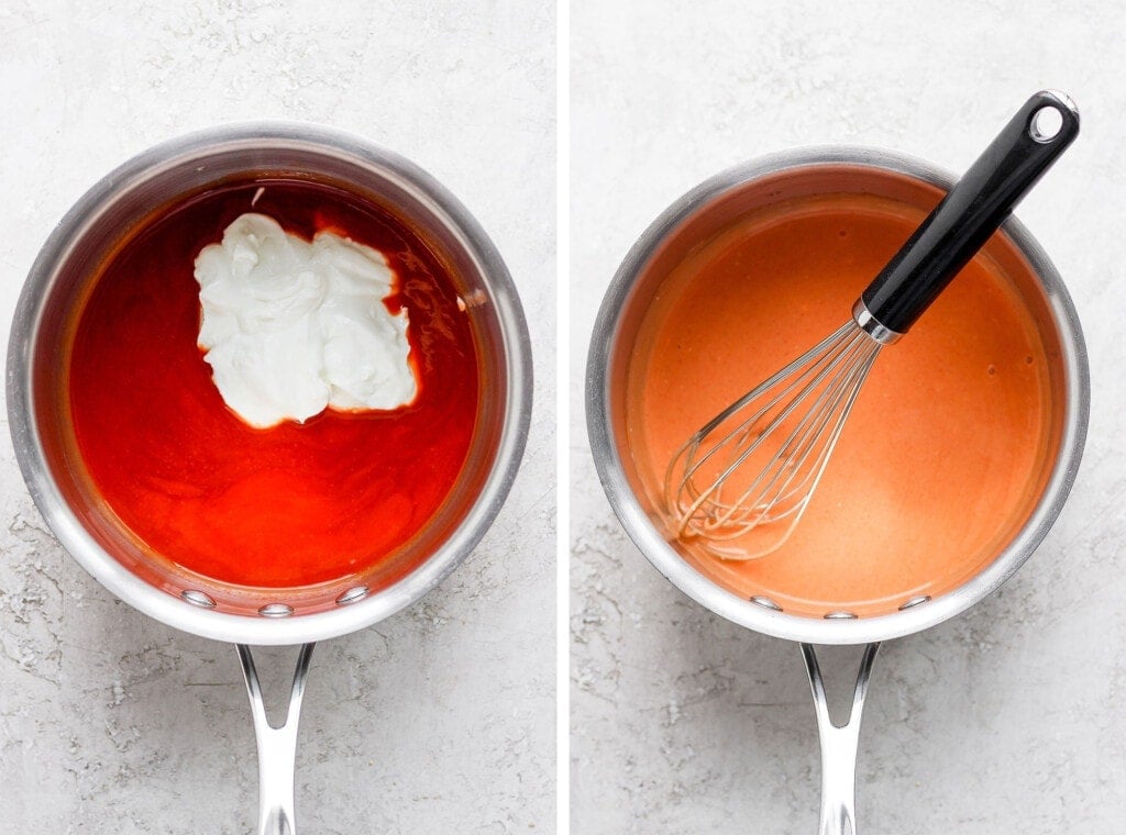 Buffalo sauce and Greek yogurt in a saucepan. 