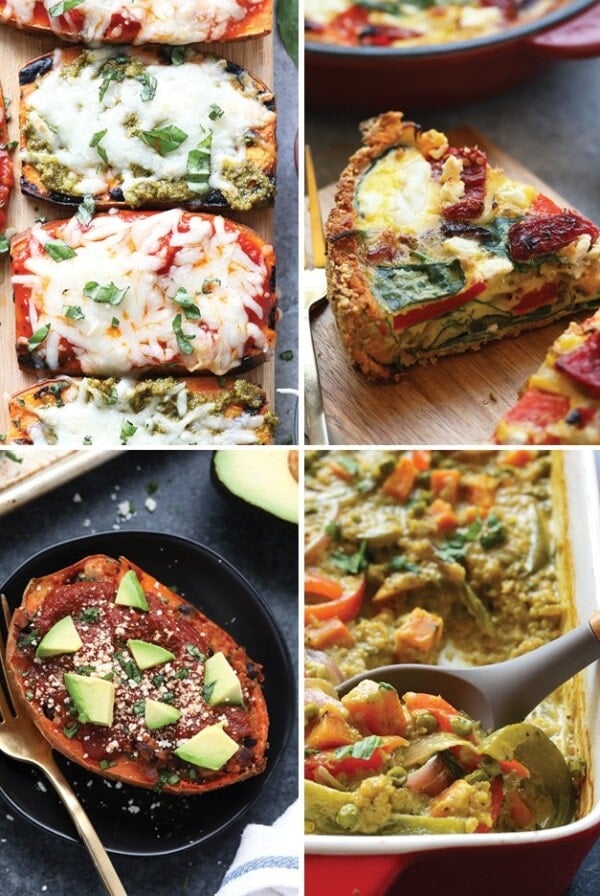 A collage of pictures of different types of pizzas, including sweet potato recipes.