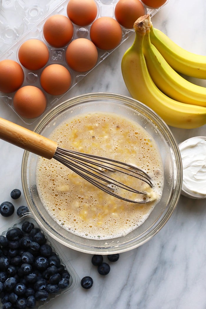 A mixing bowl with all wet ingredients 