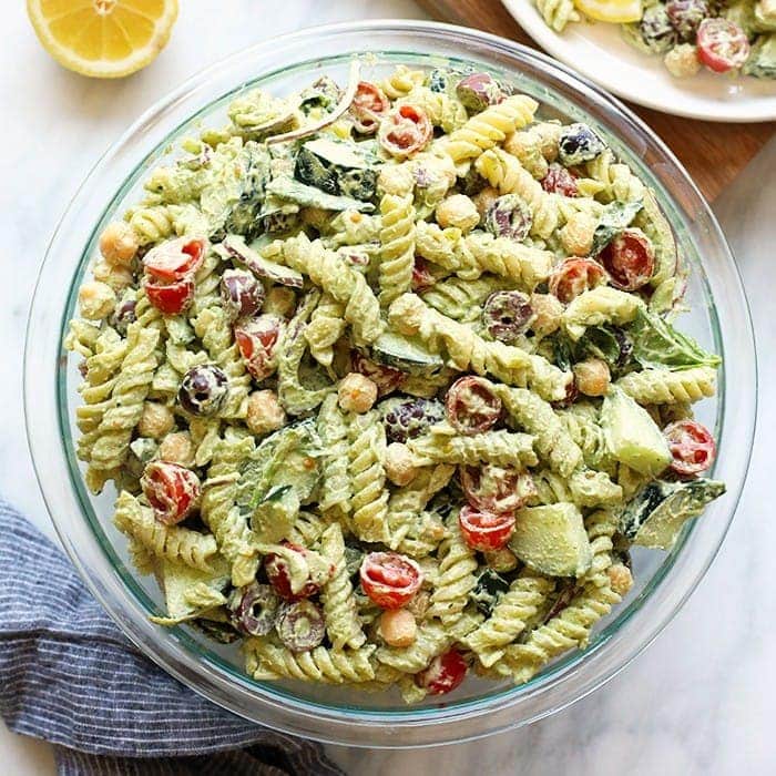 Creamy Greek Pasta Salad with Cashew Vegan Pesto