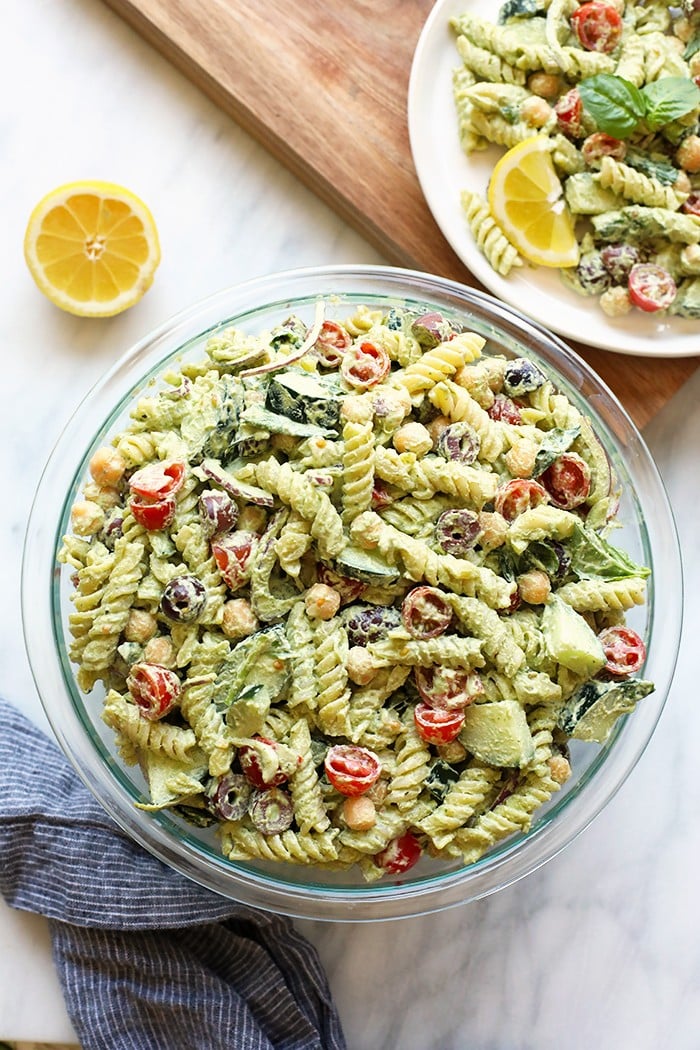 Creamy Greek Pasta Salad with Cashew Vegan Pesto